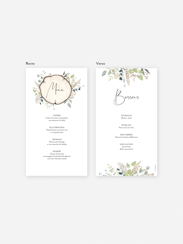 Menu mariage Amour des bois
