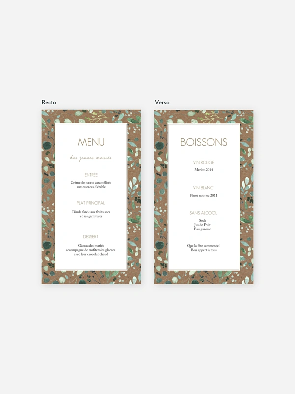 Menu mariage All the greenery effet kraft