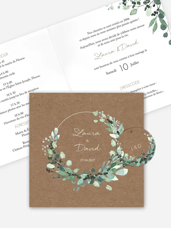 Faire-part de mariage All the greenery effet kraft