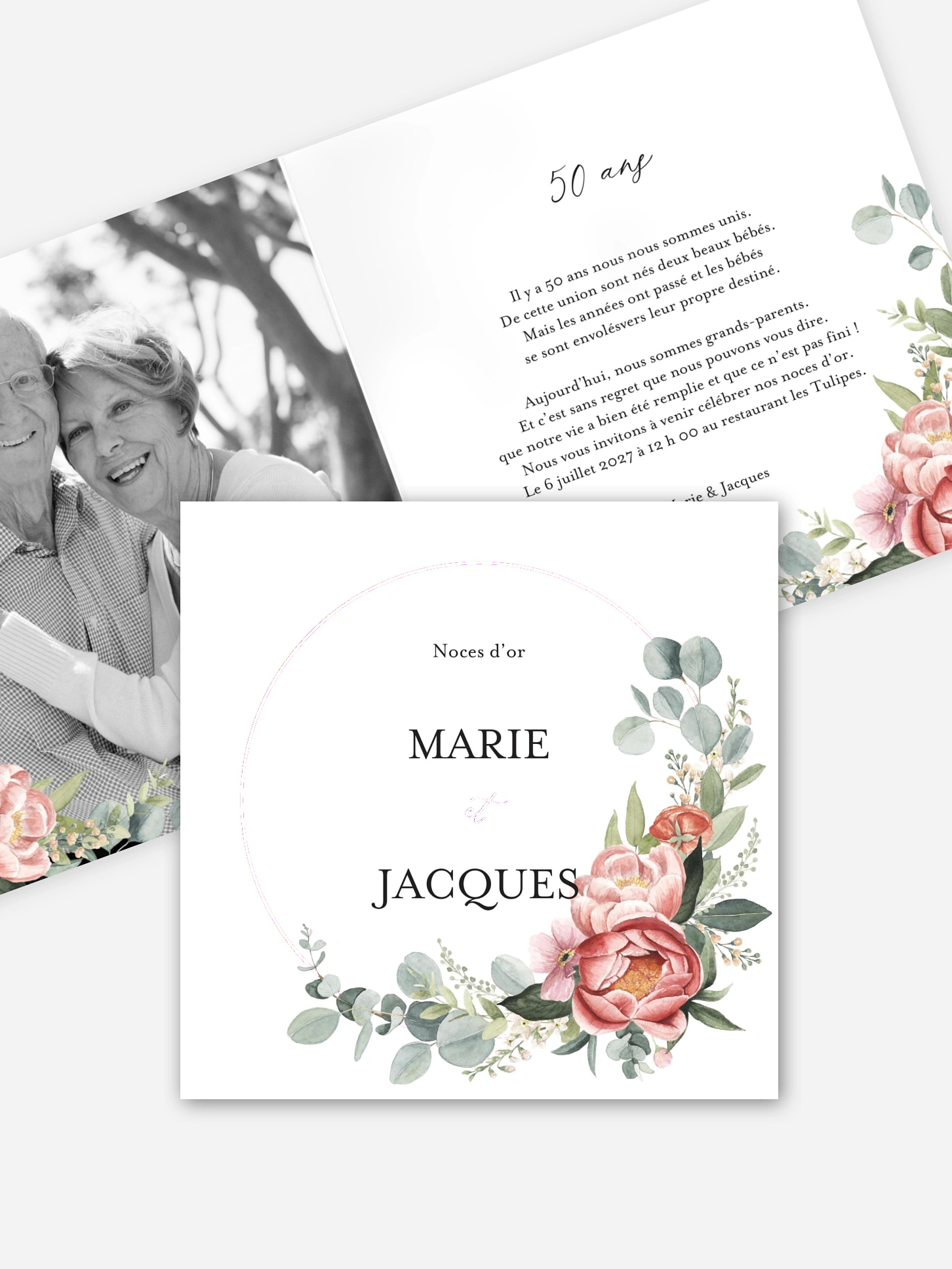 Invitation anniversaire mariage 50 ans Couronne de pivoines