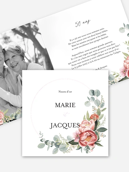 Invitation anniversaire mariage 50 ans Couronne de pivoines