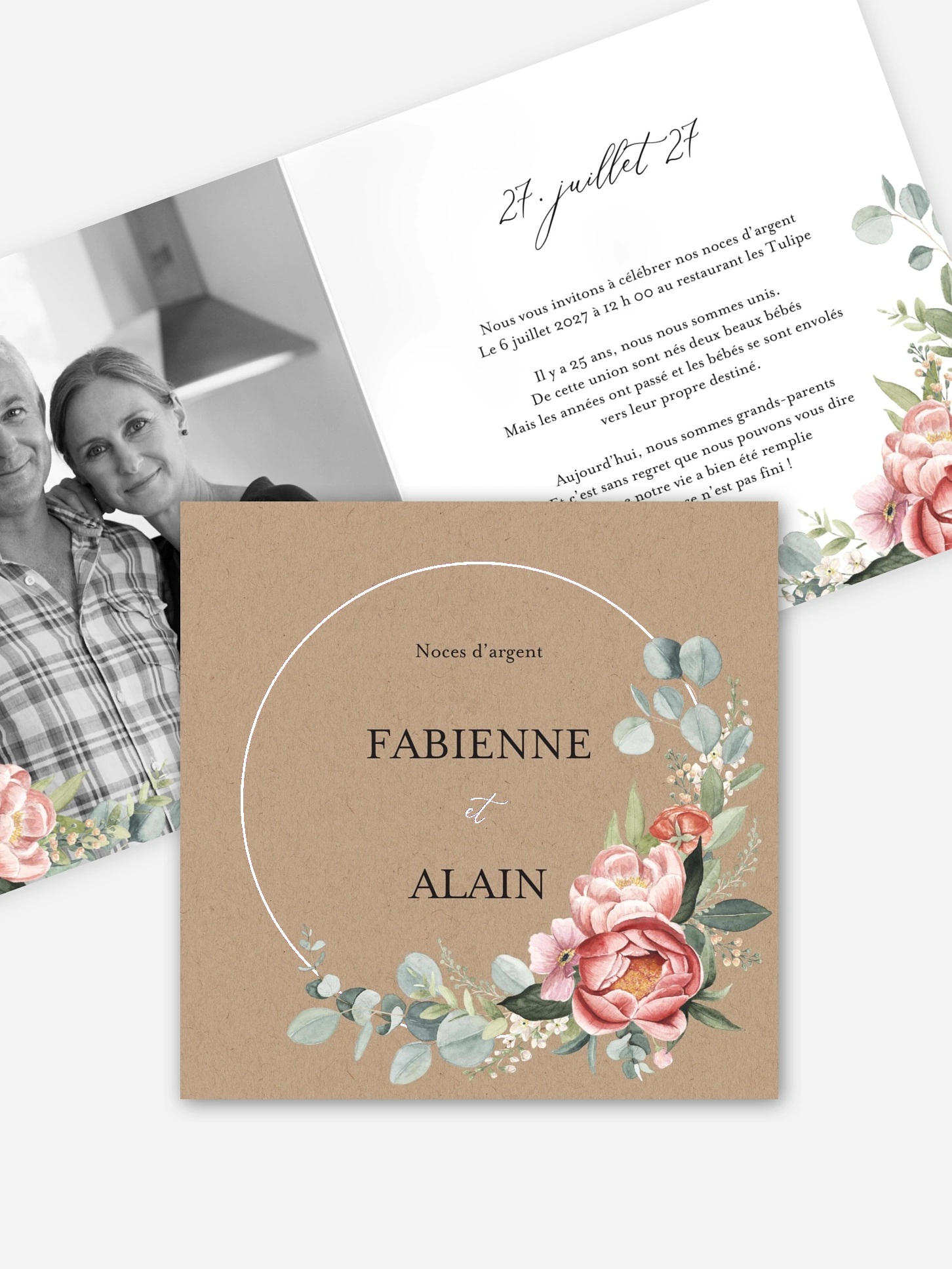 Invitation anniversaire mariage 25 ans Couronne de pivoines