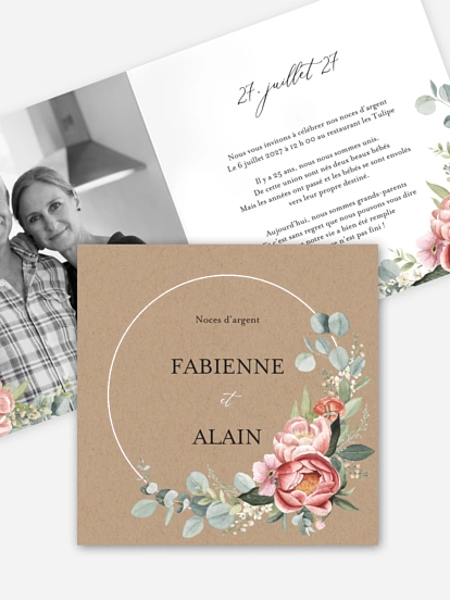 Invitation anniversaire mariage 25 ans Couronne de pivoines