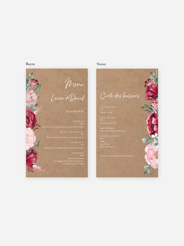 Menu mariage Rustic rose