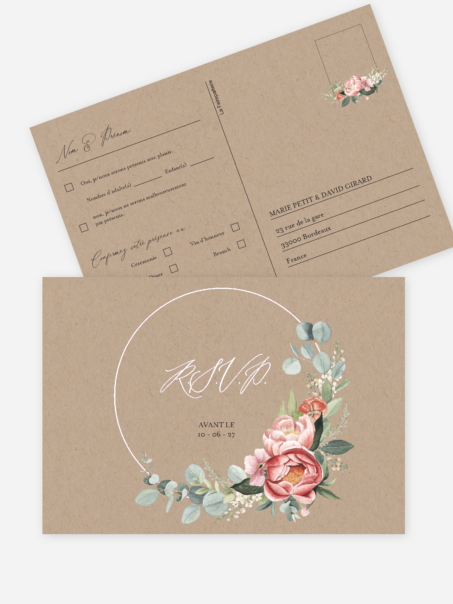 Carton réponse Couronne de pivoines effet kraft