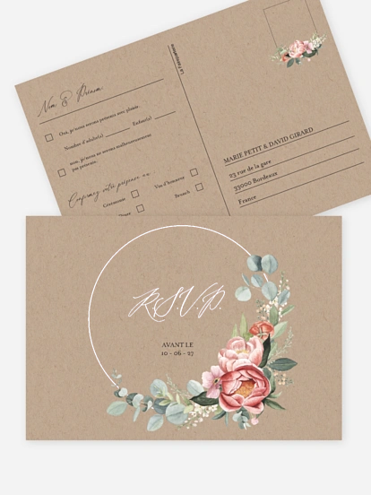 Carton réponse Couronne de pivoines effet kraft