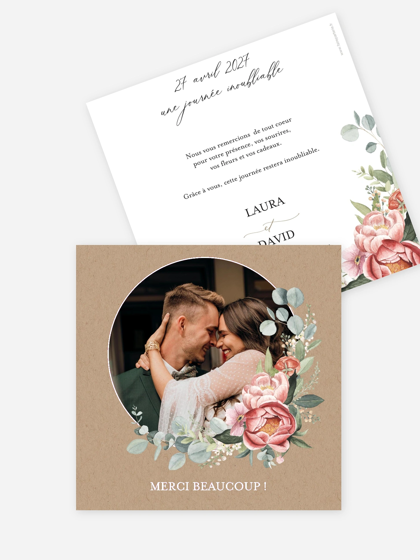 Carte de remerciements Couronne de pivoines effet kraft