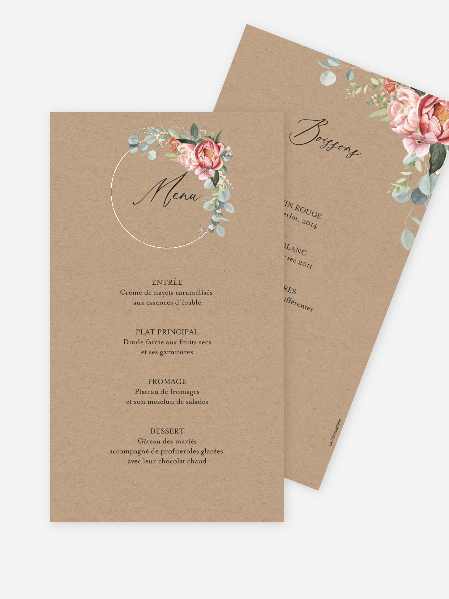 Menu mariage Couronne de pivoines effet kraft