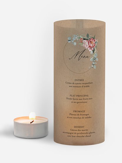 Menu mariage Couronne de pivoines effet kraft