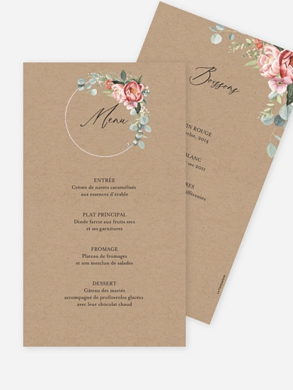 Menu mariage Couronne de pivoines effet kraft