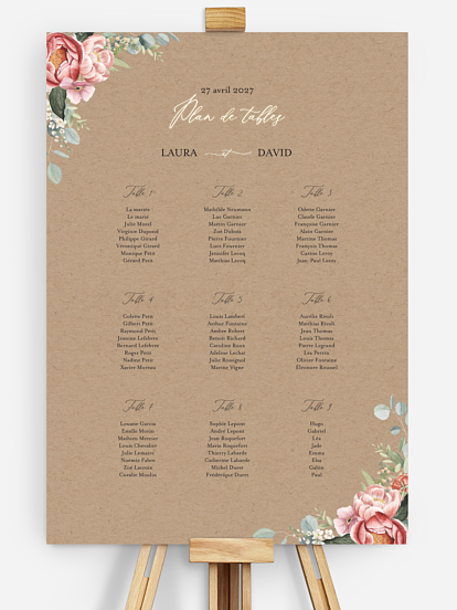 Poster plan de table mariage Couronne de pivoines effet kraft