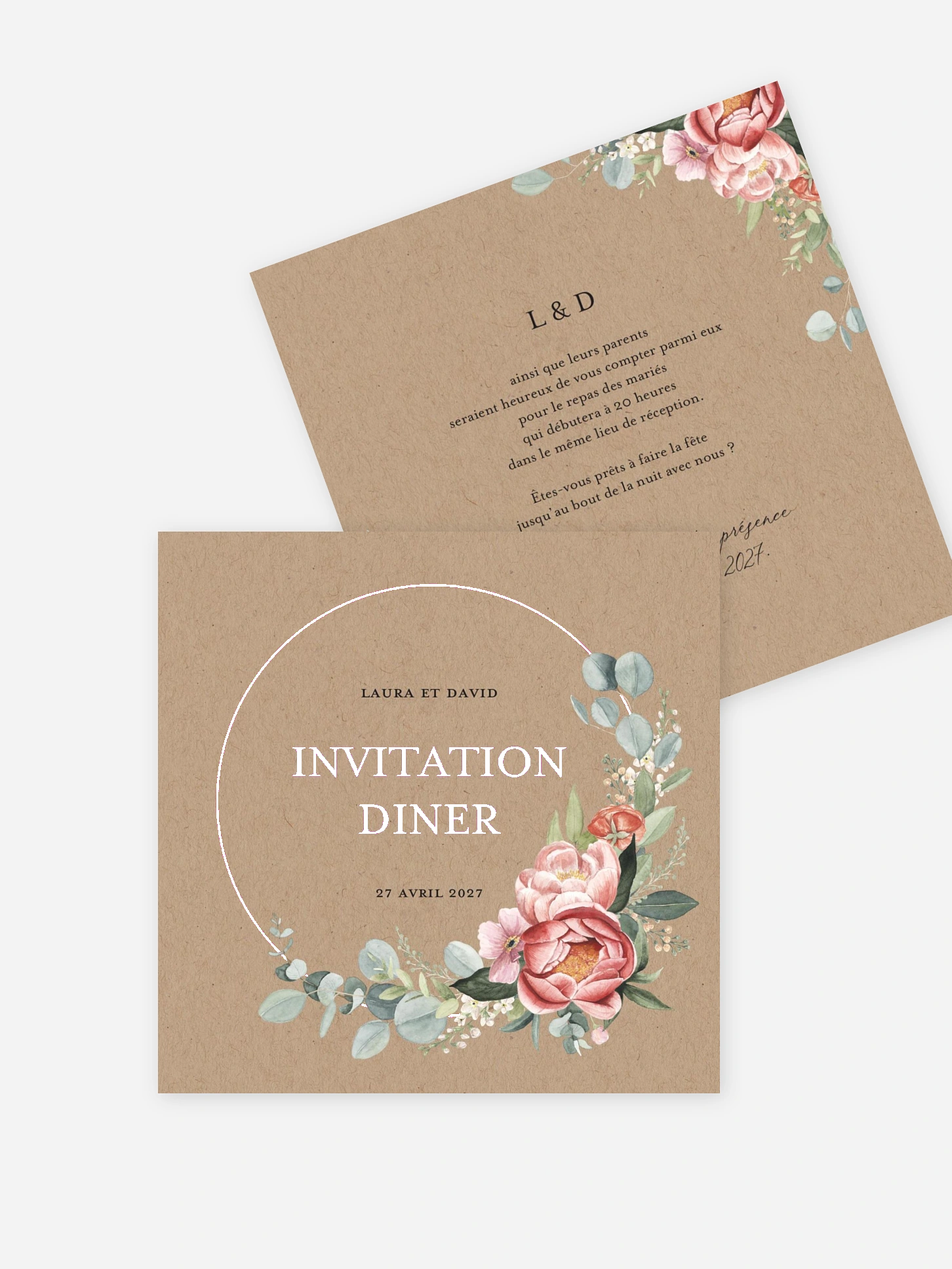 Carton d'invitation Couronne de pivoines effet kraft