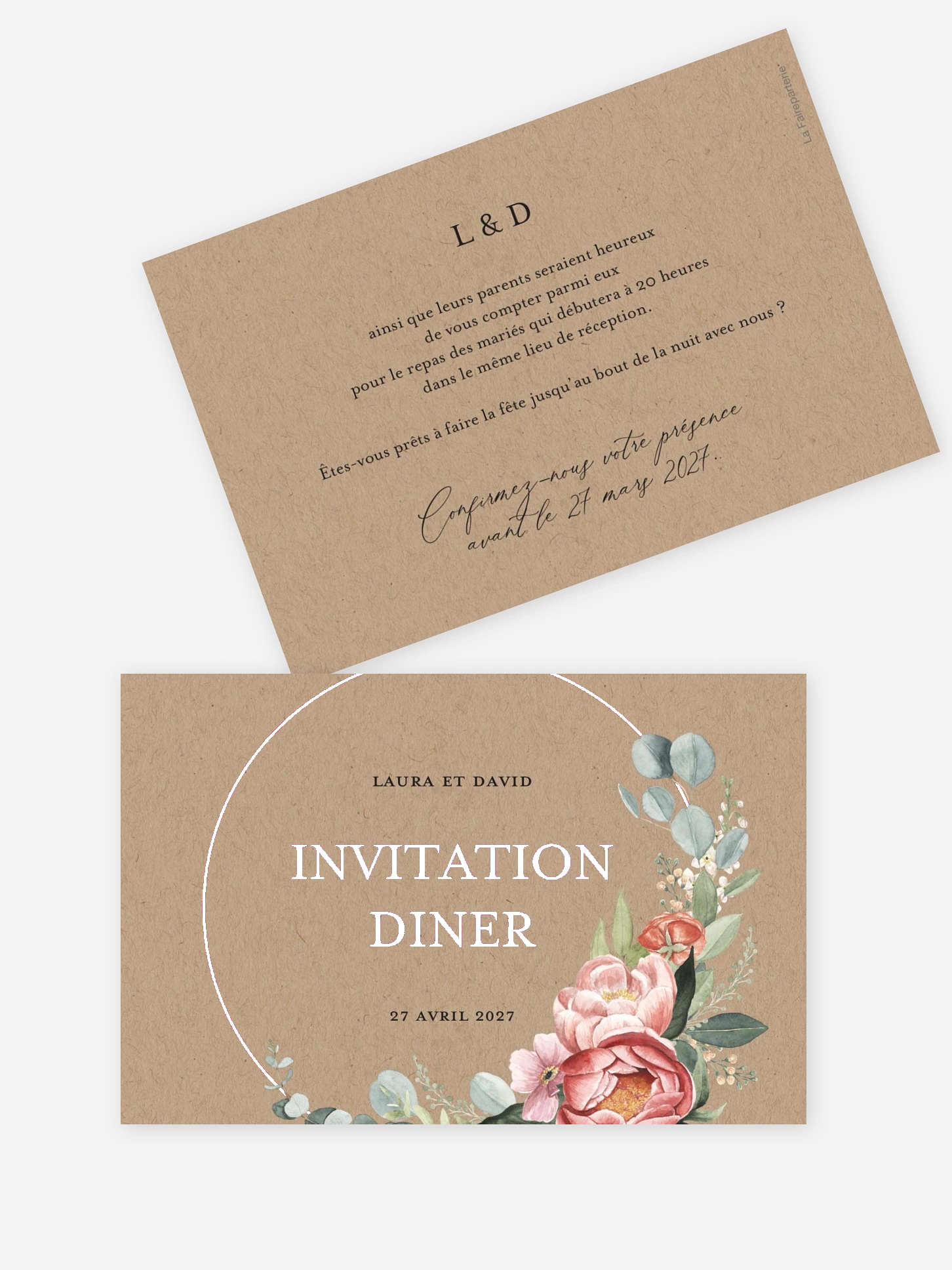 Carton d'invitation Couronne de pivoines effet kraft