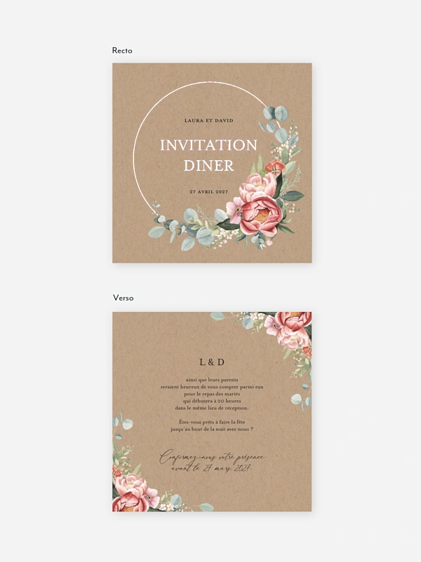 Carton d'invitation Couronne de pivoines effet kraft