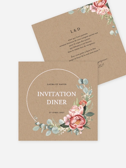 Carton d'invitation Couronne de pivoines effet kraft