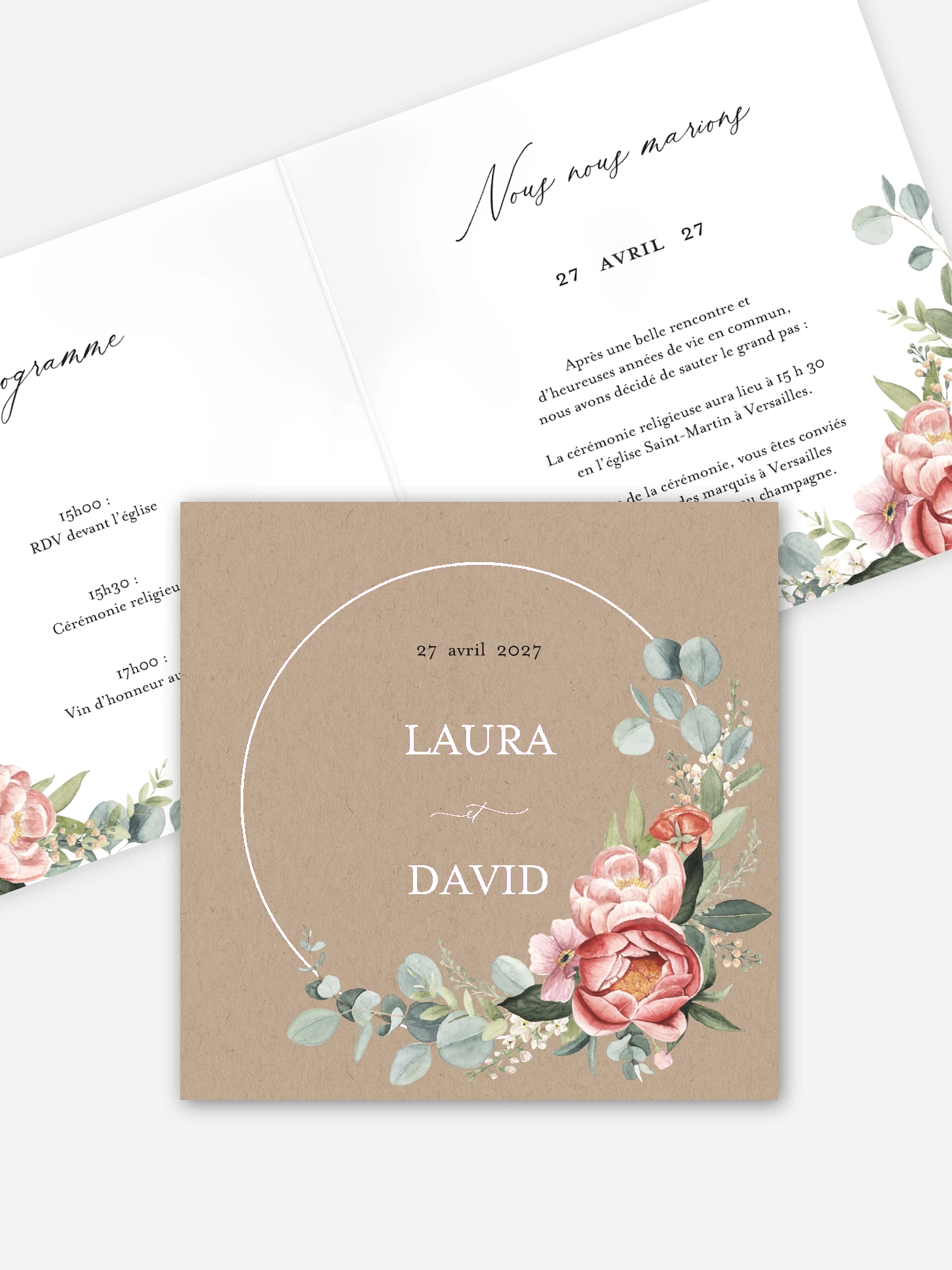 Faire-part de mariage Couronne de pivoines effet kraft