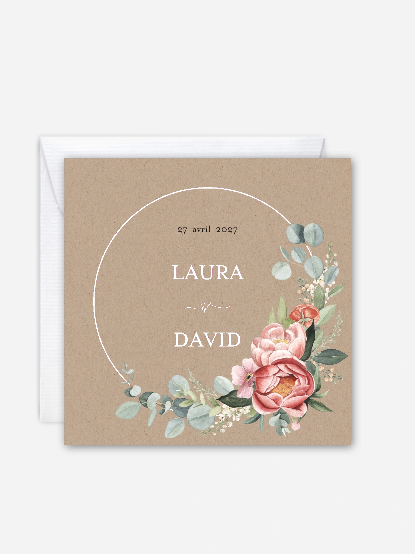 Faire-part de mariage Couronne de pivoines effet kraft
