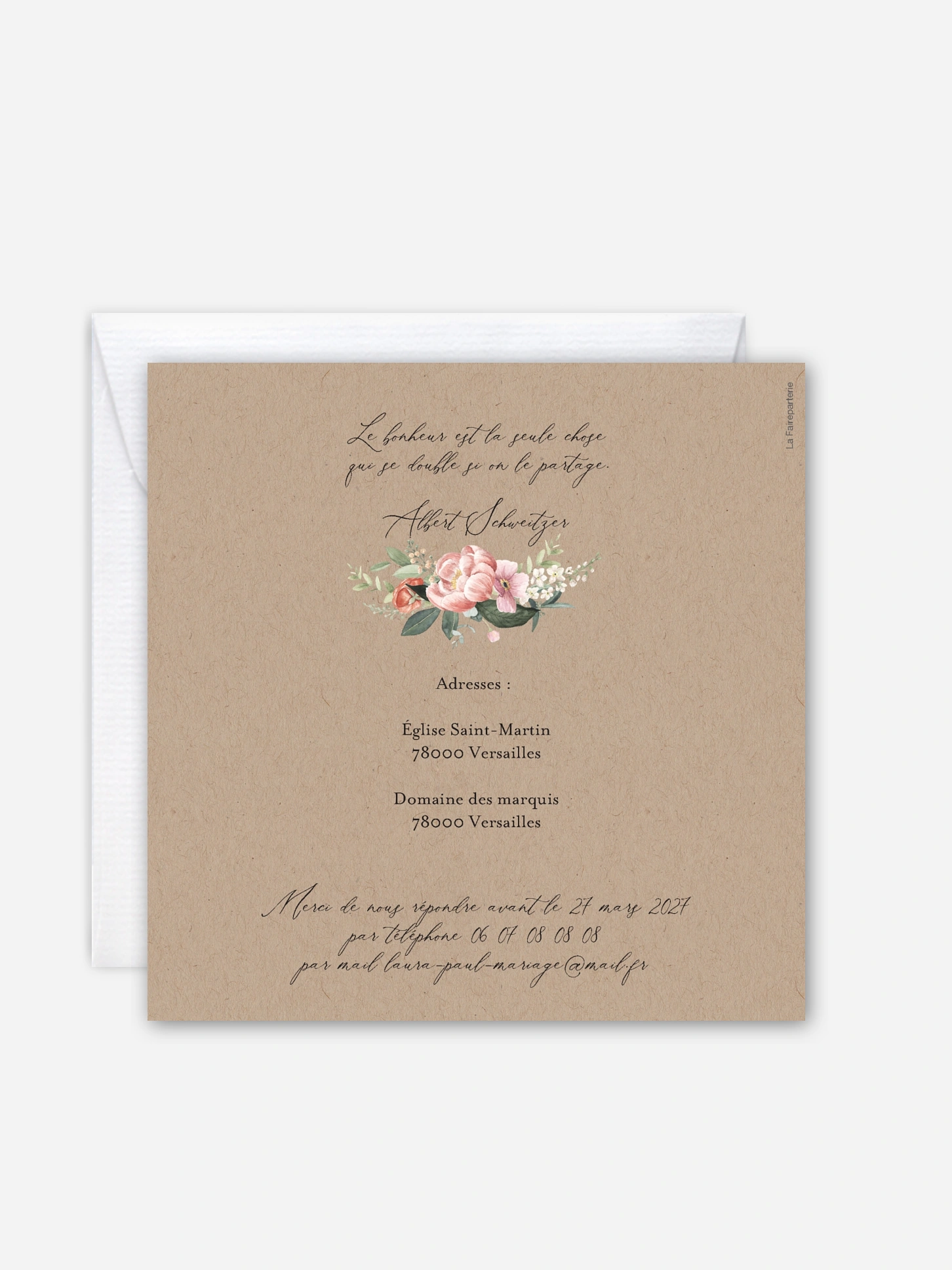 Faire-part de mariage Couronne de pivoines effet kraft