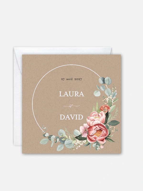 Faire-part de mariage Couronne de pivoines effet kraft