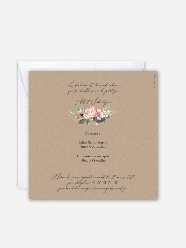 Faire-part de mariage Couronne de pivoines effet kraft