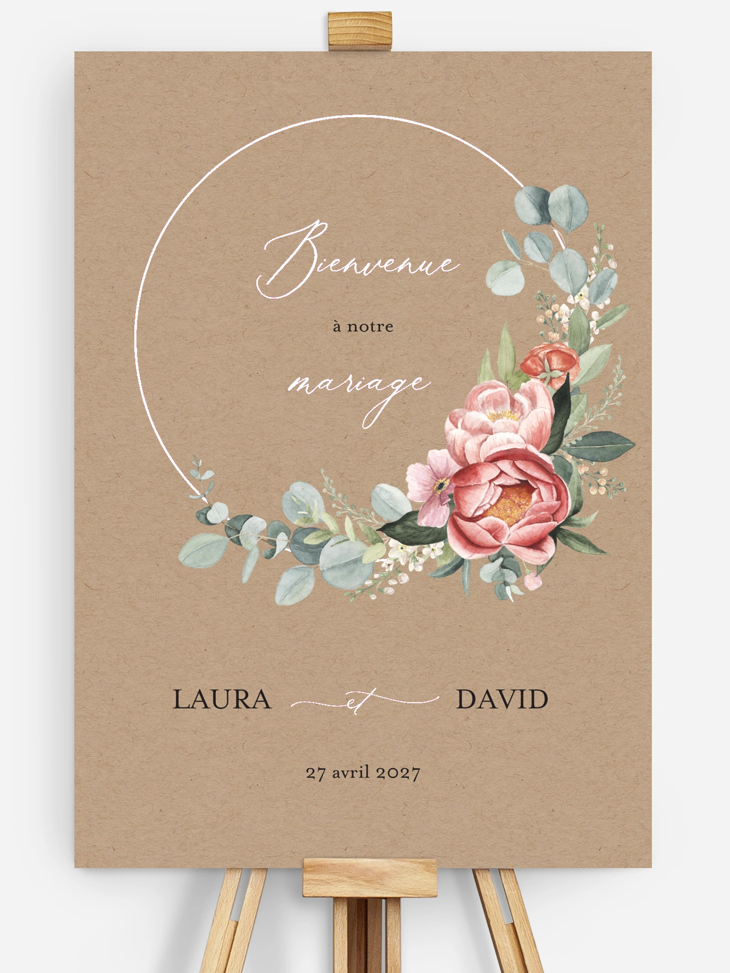 Poster bienvenue mariage Couronne de pivoines effet kraft