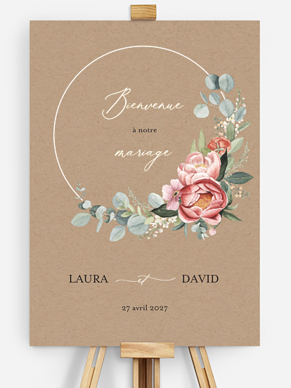 Poster bienvenue mariage Couronne de pivoines effet kraft
