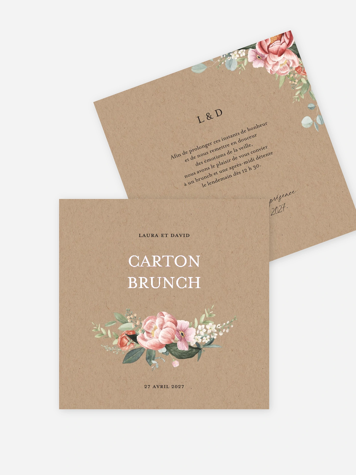 Carte brunch Couronne de pivoines effet kraft