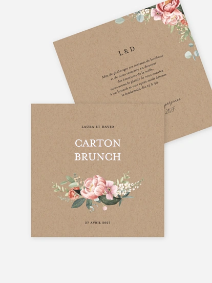 Carte brunch Couronne de pivoines effet kraft