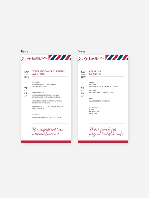 Menu mariage Merveilleux voyage