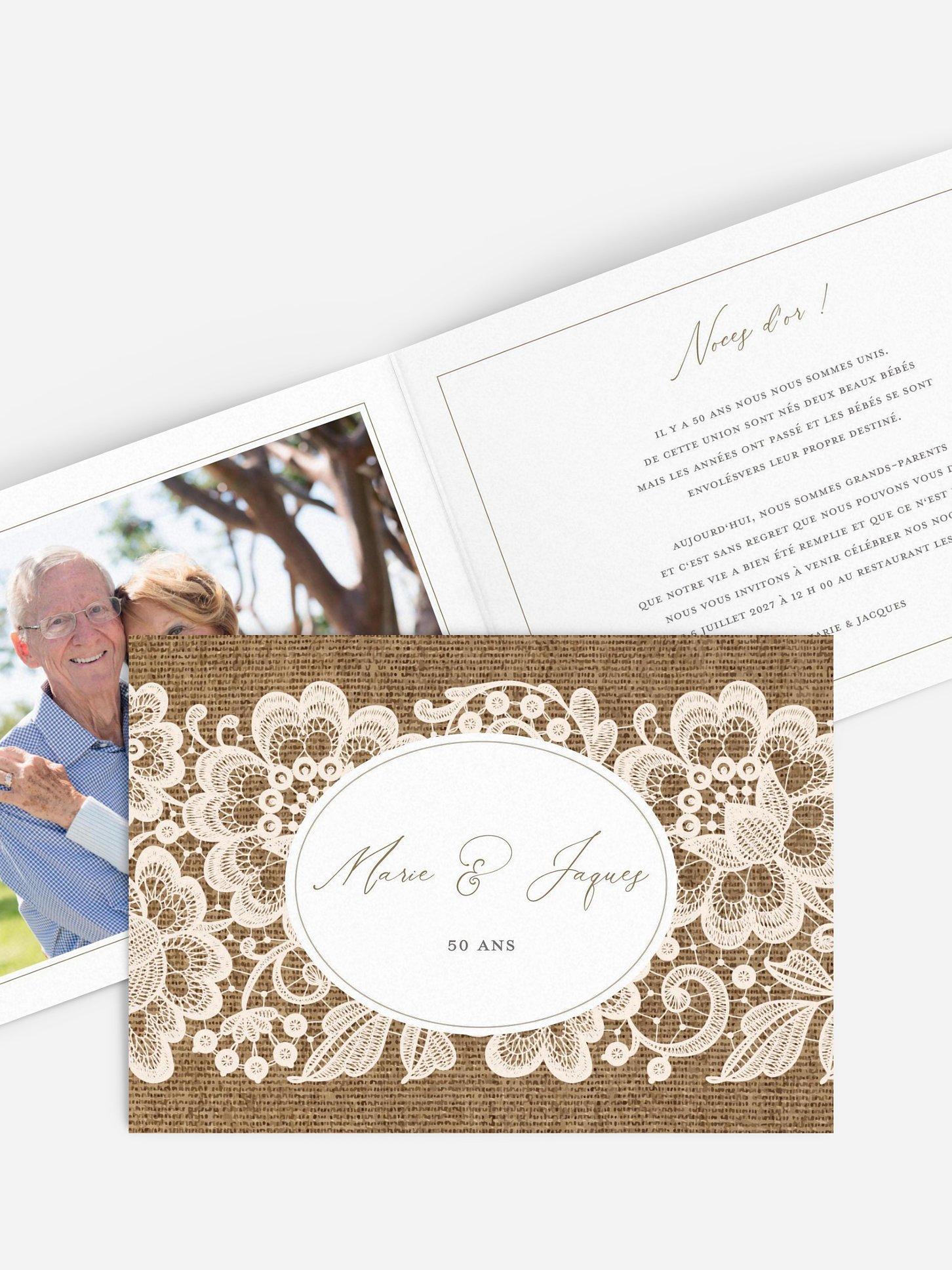 Invitation anniversaire mariage 50 ans Jute et dentelle