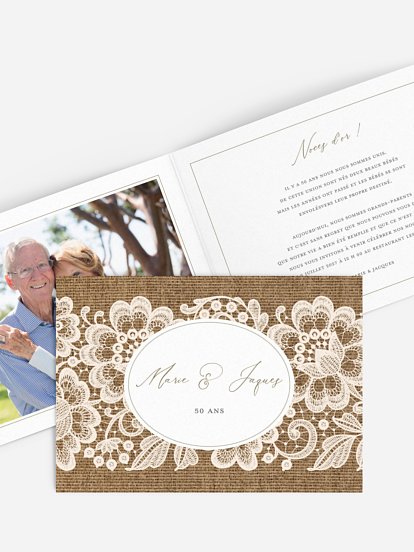 Invitation anniversaire mariage 50 ans Jute et dentelle