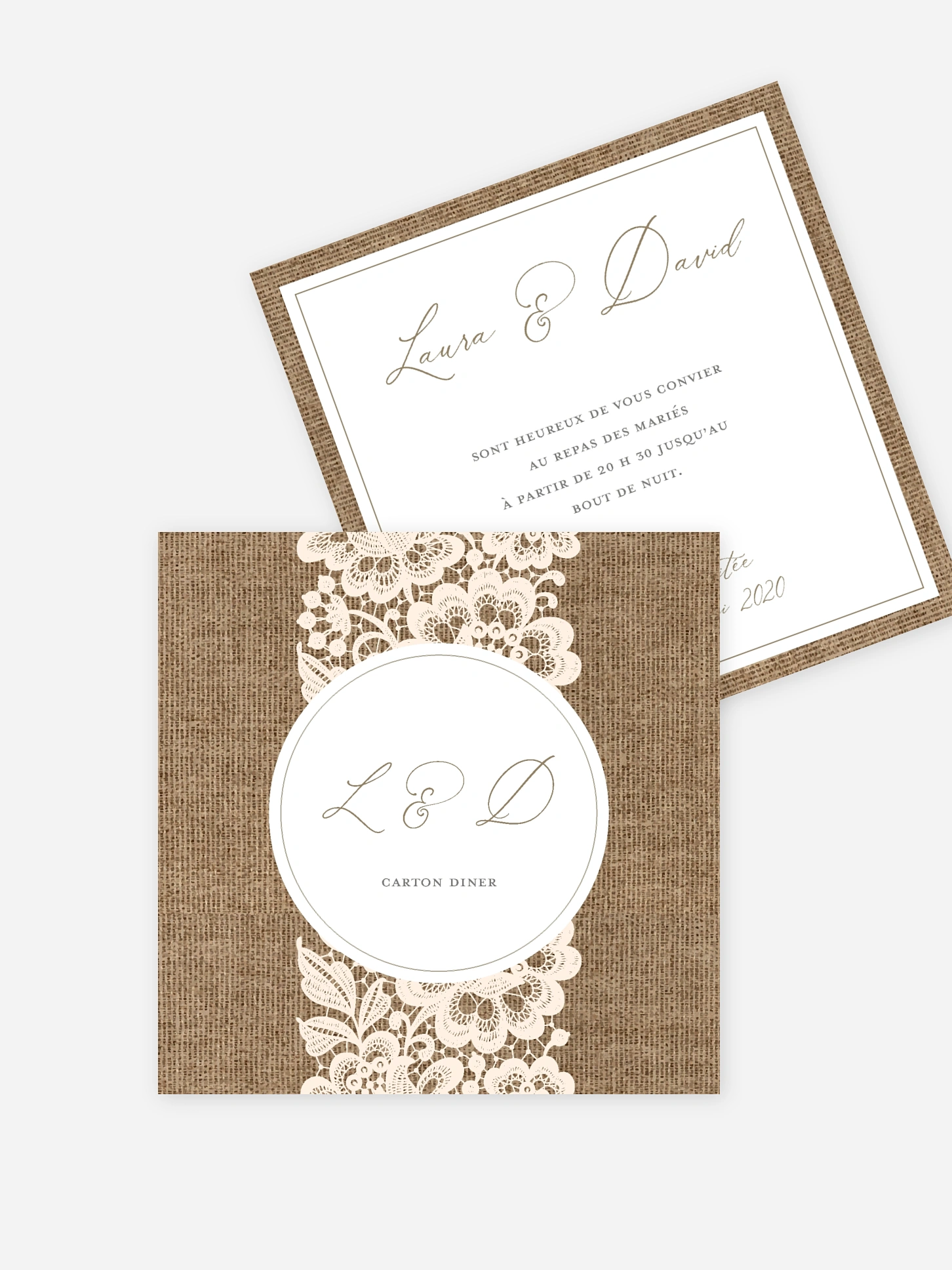 Carton d'invitation Jute et dentelle