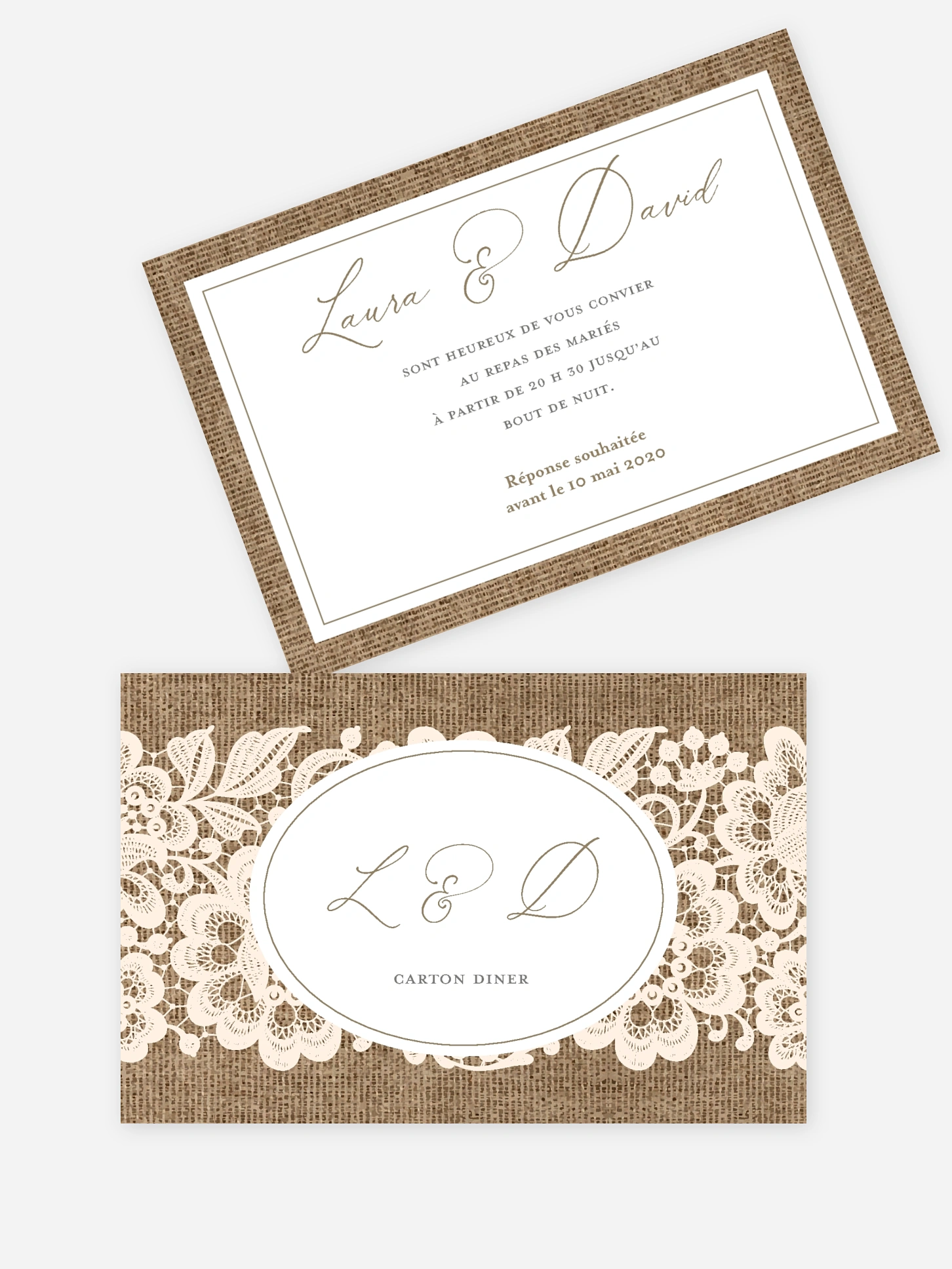 Carton d'invitation Jute et dentelle