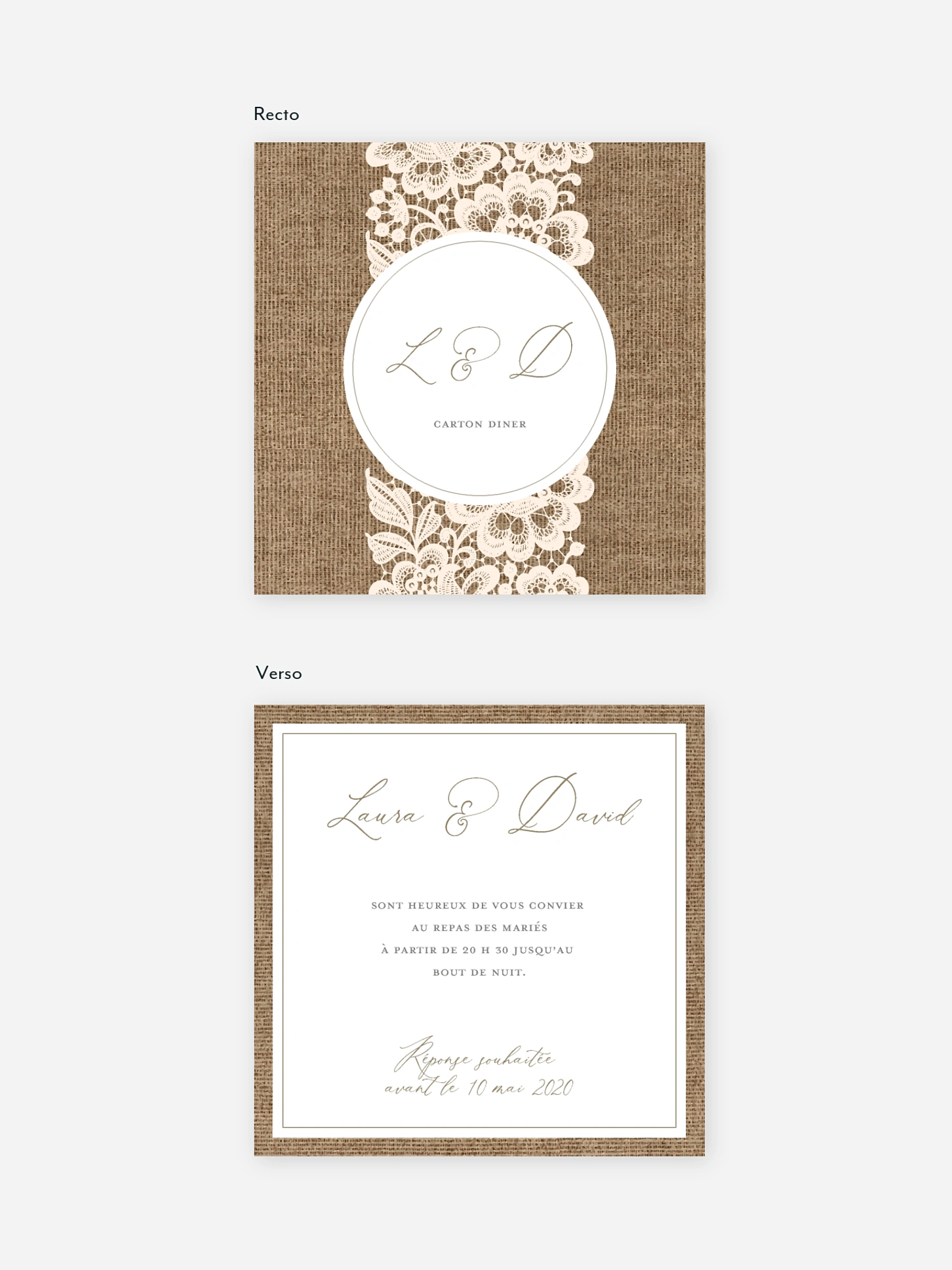 Carton d'invitation Jute et dentelle