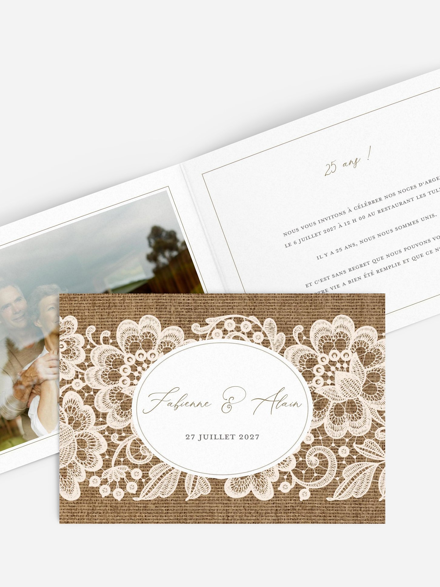 Invitation anniversaire mariage 25 ans Jute et dentelle