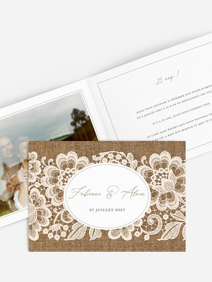 Invitation anniversaire mariage 25 ans Jute et dentelle