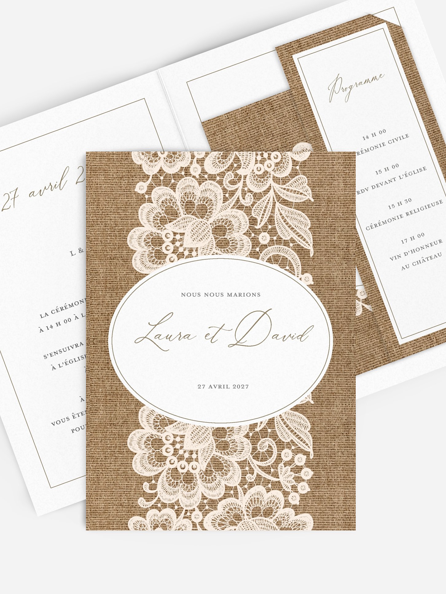 Faire-part de mariage Jute et dentelle