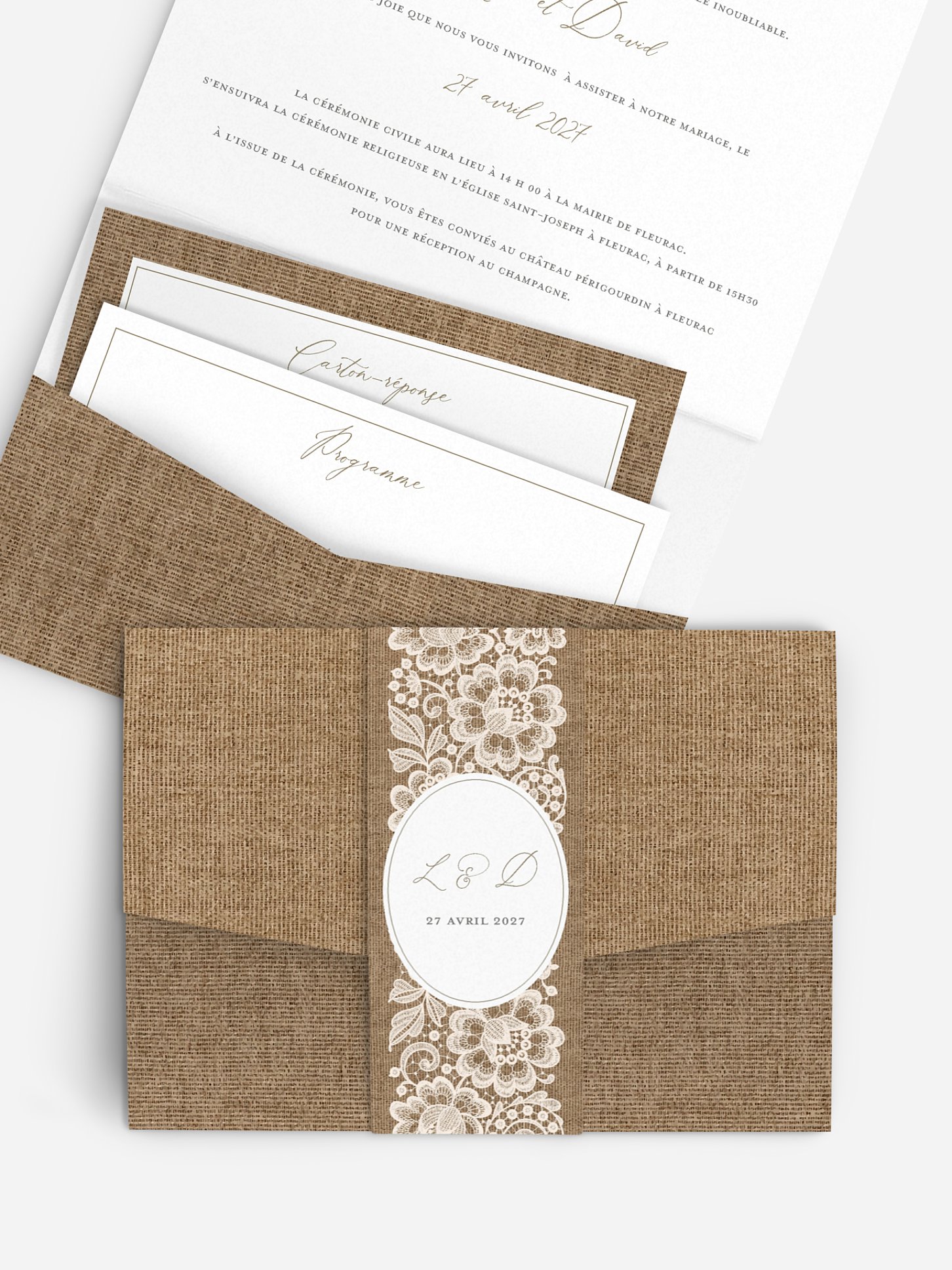 Faire-part de mariage Jute et dentelle