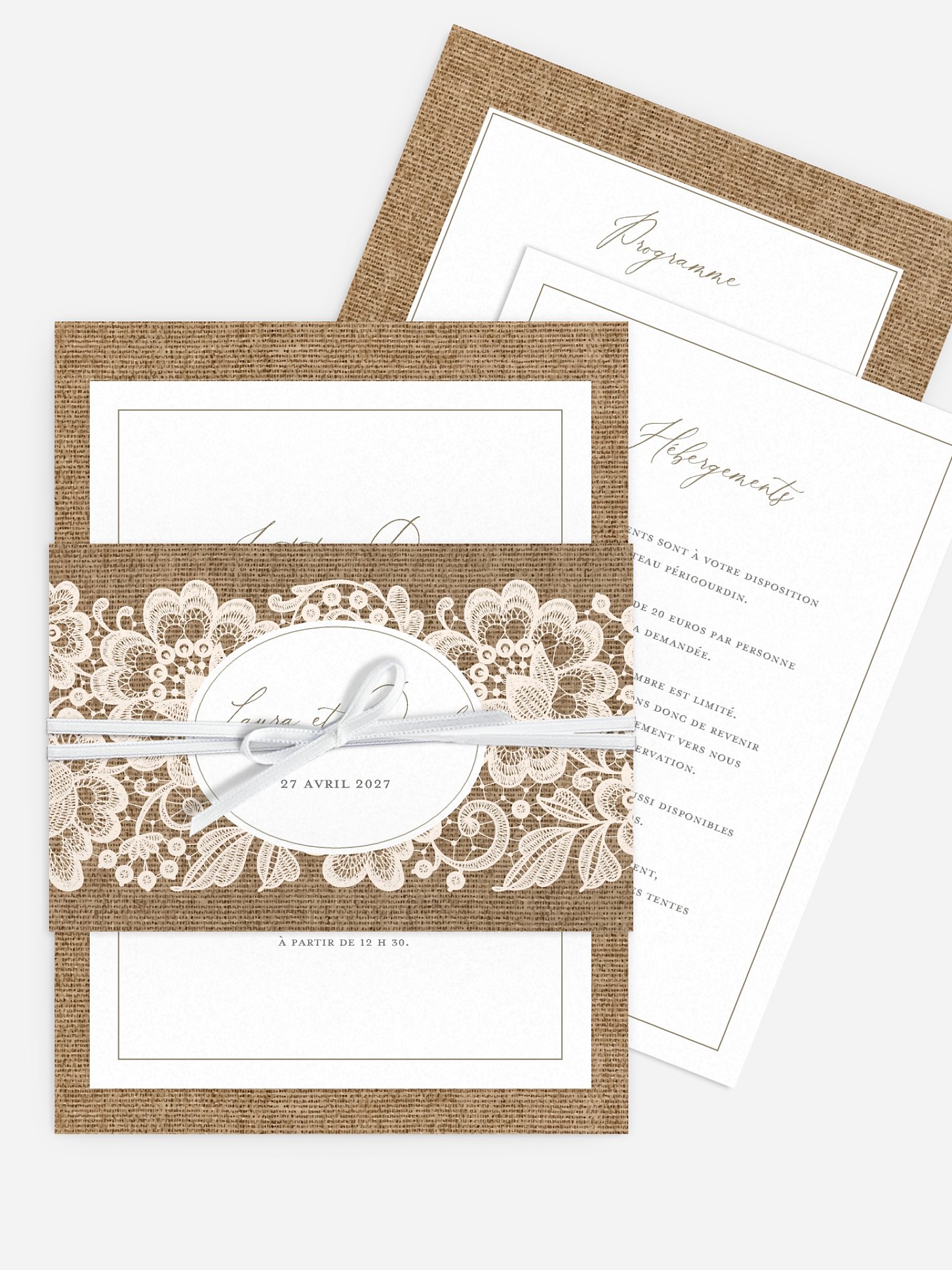 Faire-part de mariage Jute et dentelle