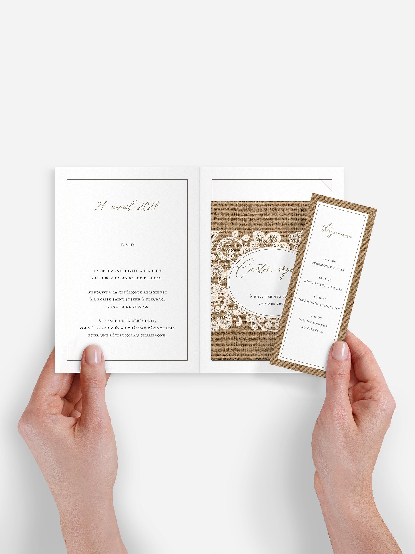 Faire-part de mariage Jute et dentelle