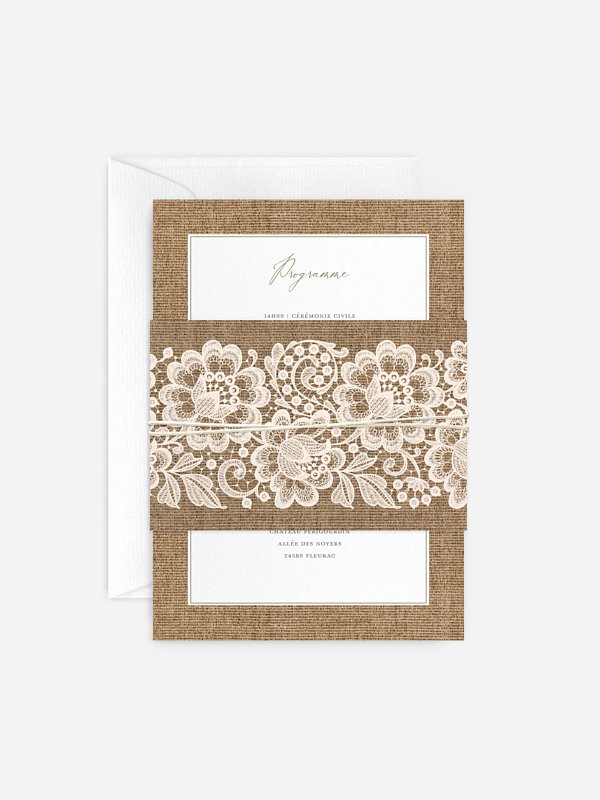 Faire-part de mariage Jute et dentelle