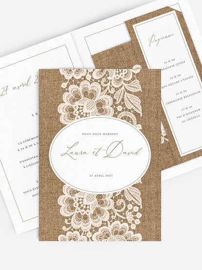 Faire-part de mariage Jute et dentelle