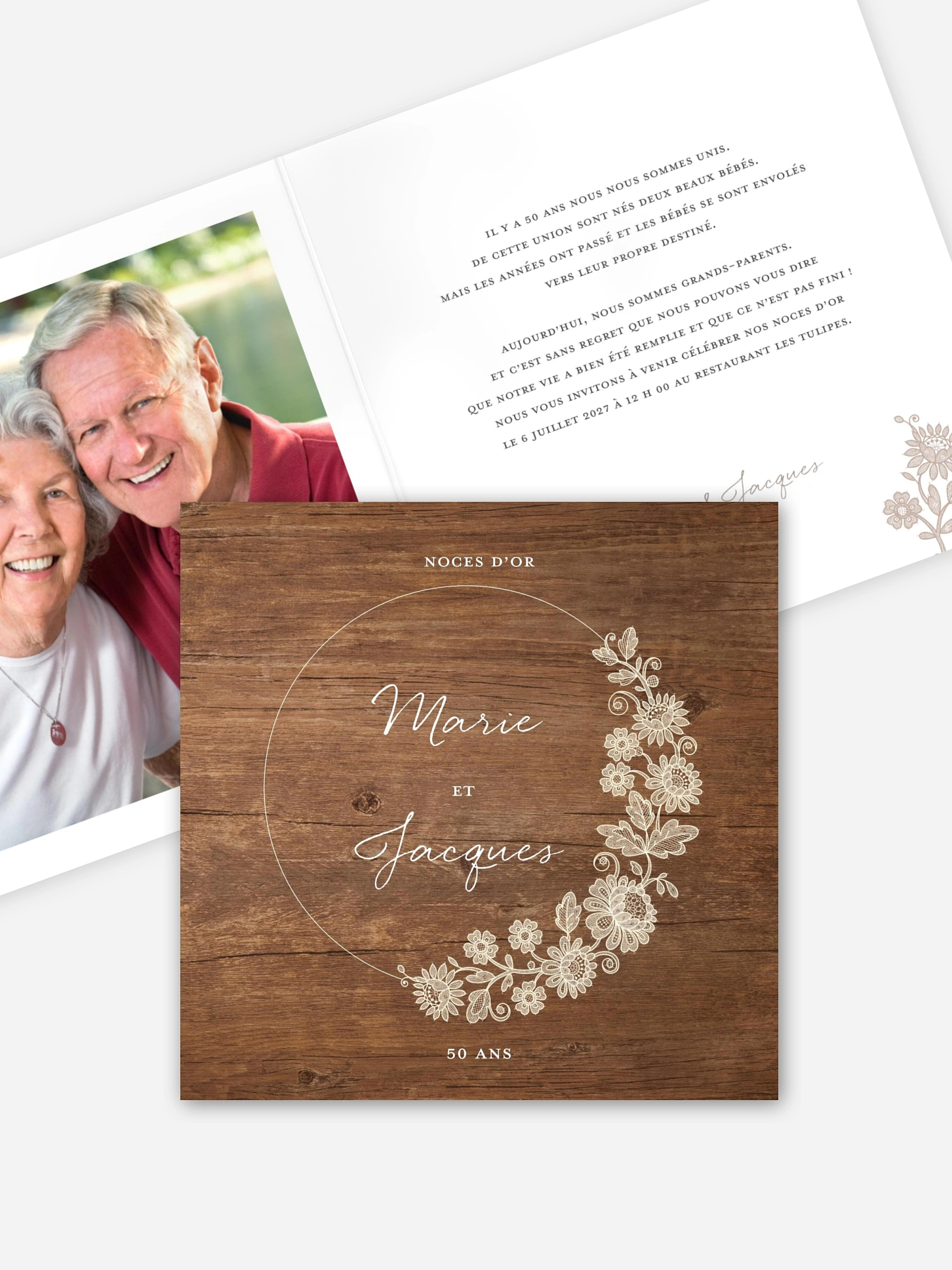 Invitation anniversaire mariage 50 ans Dentelle de bois