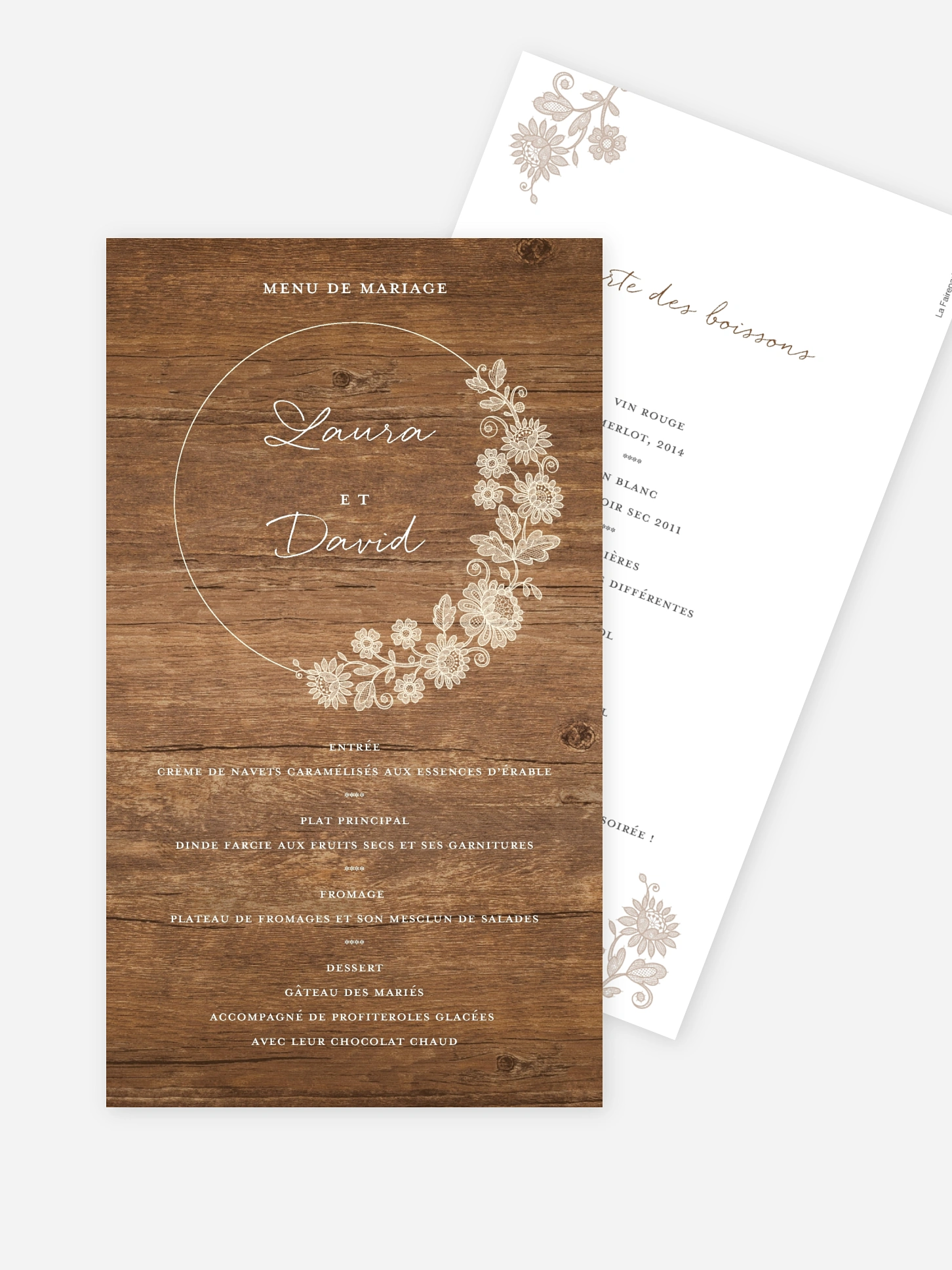Menu mariage Dentelle de bois