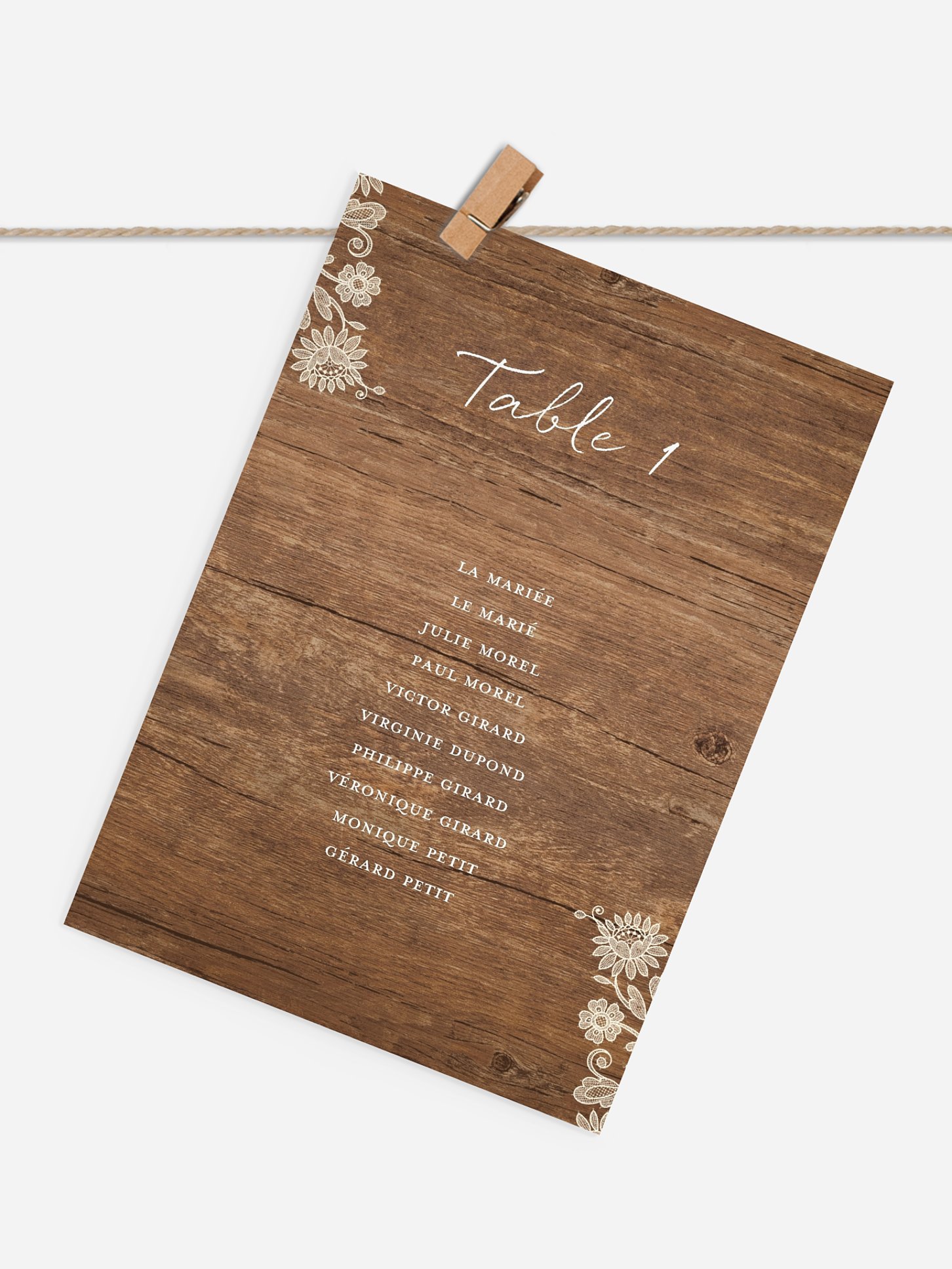 Cartons plan de table mariage Dentelle de bois