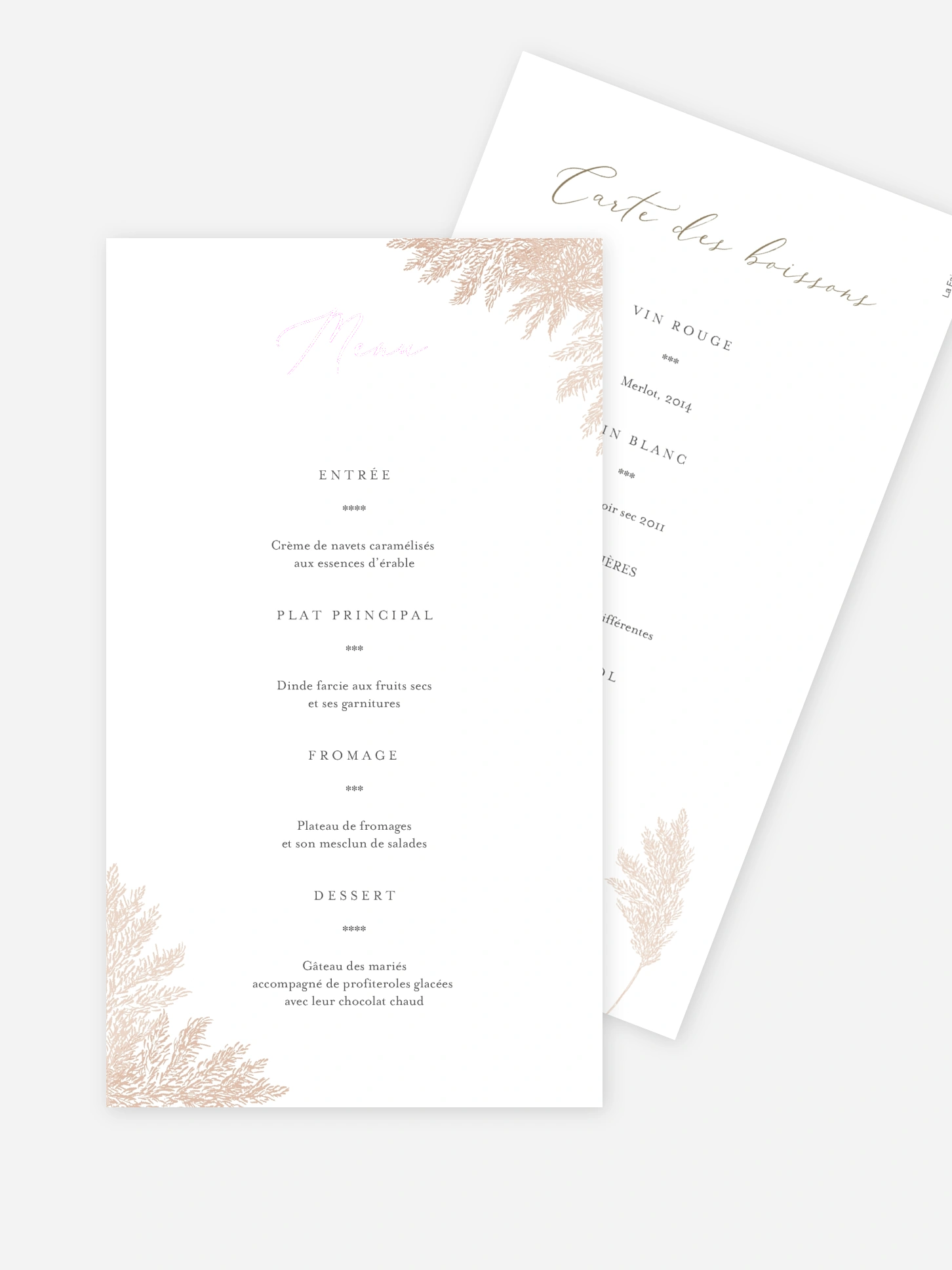 Menu mariage Blush Pampas