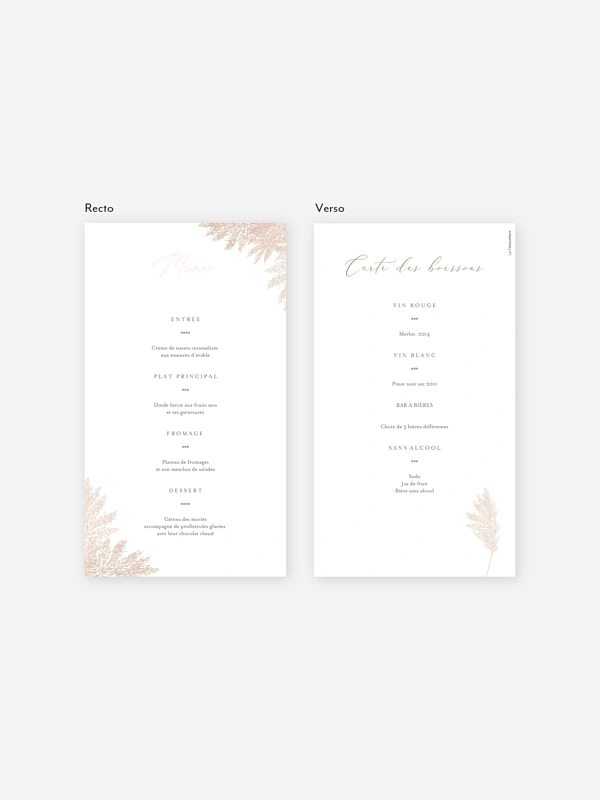 Menu mariage Blush Pampas
