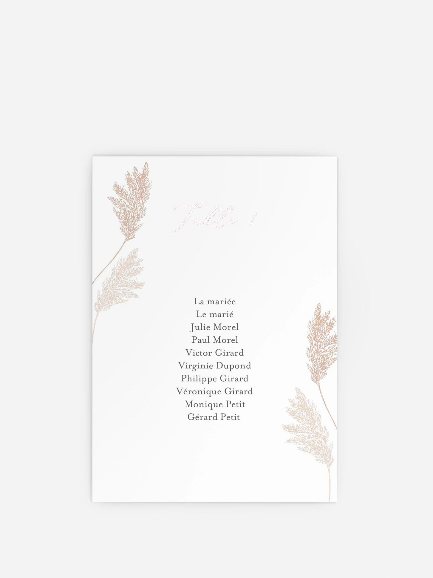 Cartons plan de table mariage Blush Pampas