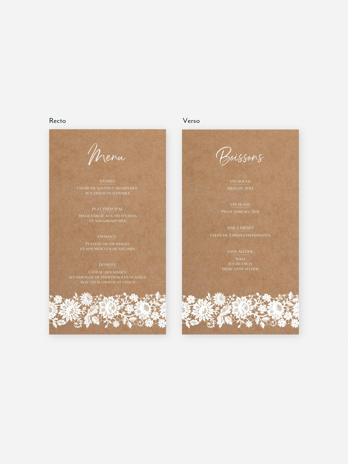 Menu mariage Dentelle boheme