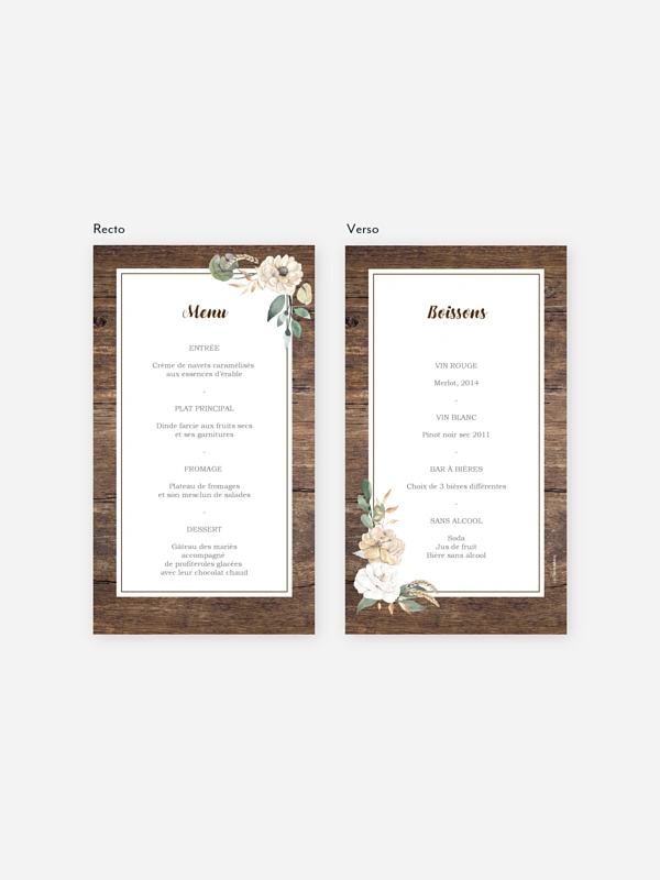 Menu mariage Fleurs champêtres